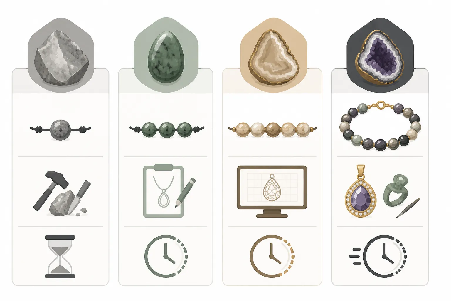 piedra natural - Diagrama infográfico con cuatro columnas representando los niveles de comprador de joyería con piedra natural — Entrada, Mid-market, Volumen alto y Enterprise — con iconos que muestran MOQ típico, nivel de personalización disponible y plazo de entrega estimado para cada nivel