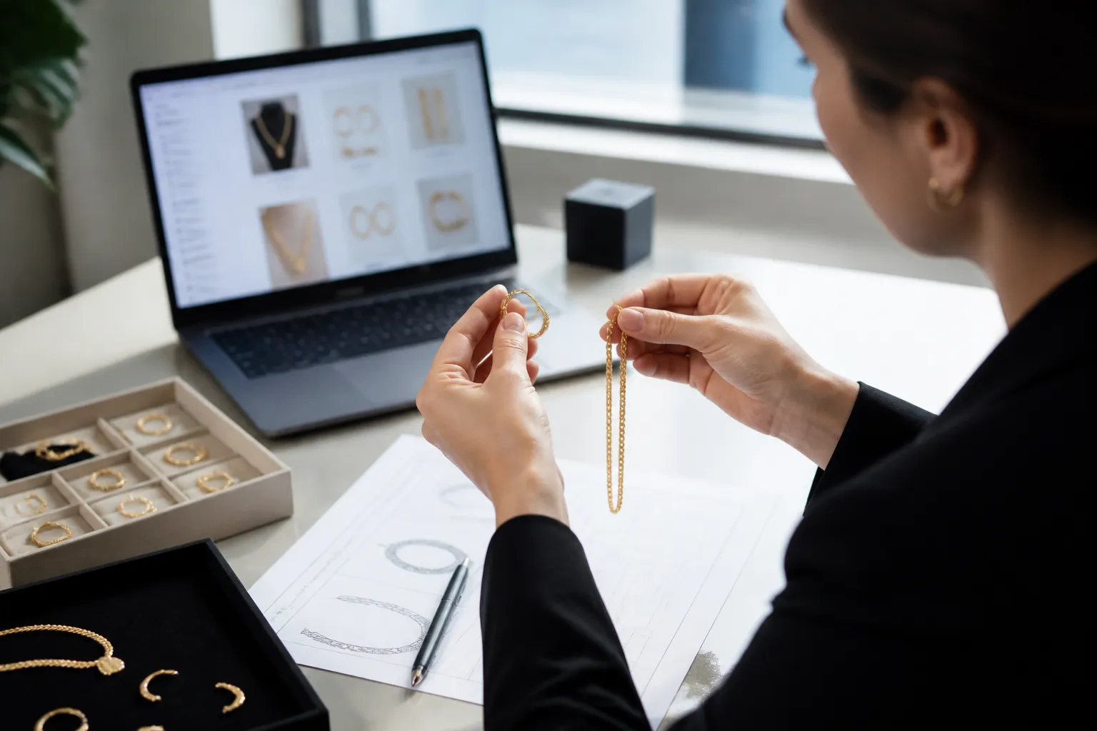 custom jewelry - Editorial photo of a procurement buyer reviewing jewelry samples at a desk, comparing finished earring and necklace pieces against a printed specification sheet with a laptop showing a supplier catalog — illustrating the B2B sourcing evaluation workflow