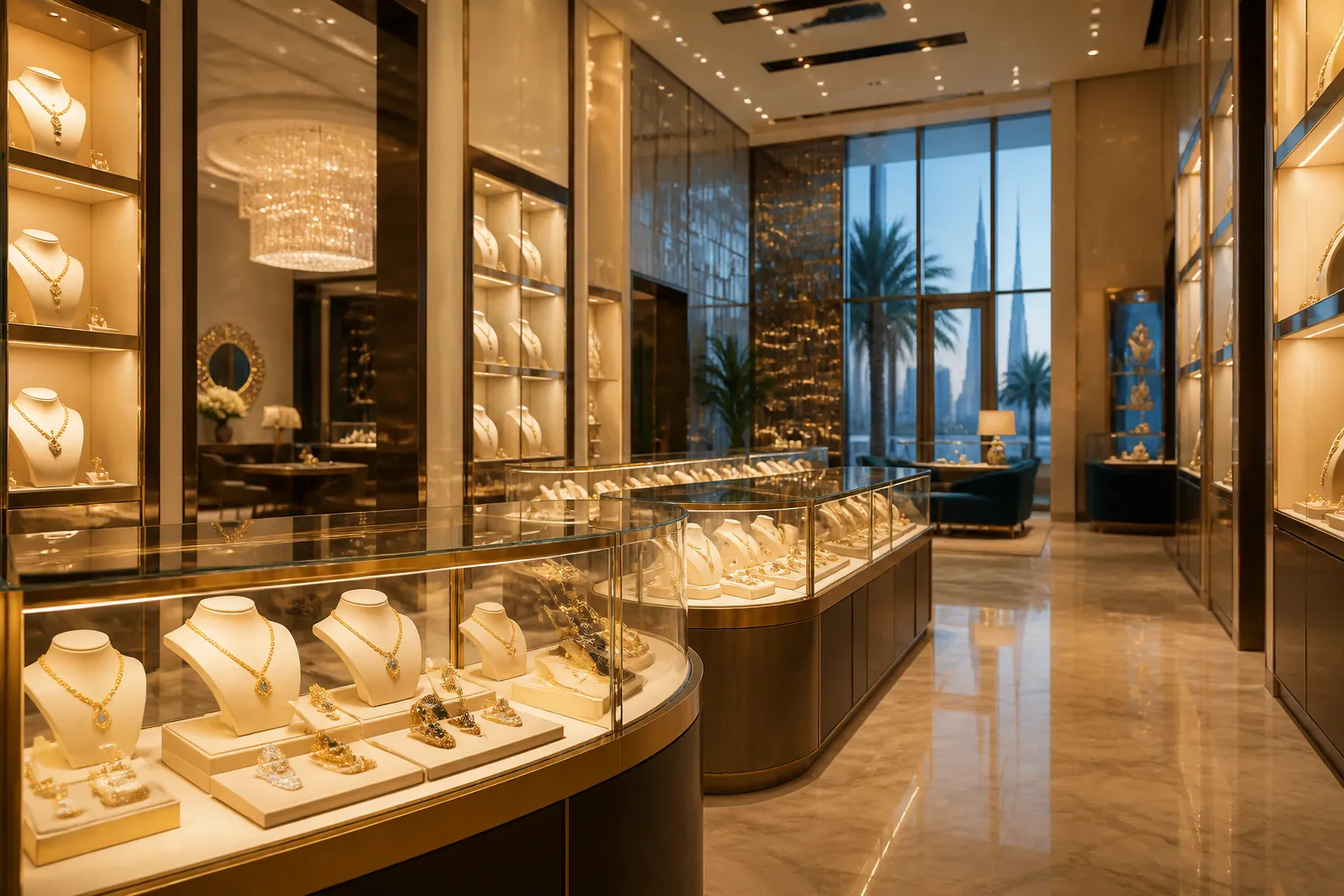 مجوهرات بالانجليزي - لقطة تعليمية توضح كلمة Jewelry بالانجليزي إلى جانب مقابلها العربي مجوهرات وحليّ وجواهر، على خلفية متجر مجوهرات في دبي