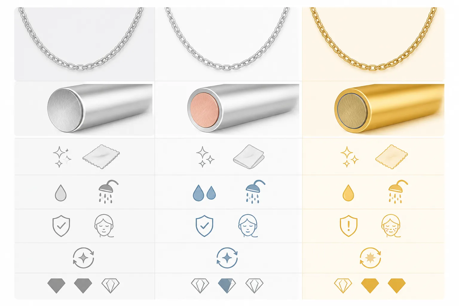 silberkette damen - Infografik mit Vergleich der Oberflächenfinishes bei Damenketten – 925 Sterling Silber, rhodiniertes Kupfer und vergoldetes Messing – mit schematischen Querschnitten und Tabelle zu Pflegeanforderungen, Allergieverträglichkeit und typischen Preispositionen