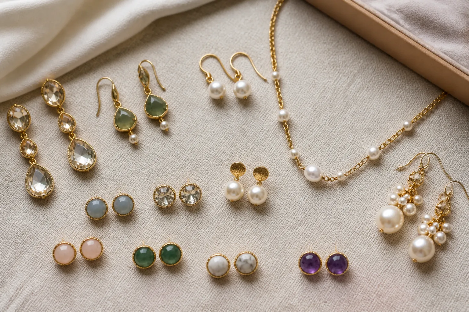 brin de cuivre - Photo éditoriale d'un assortiment de bijoux en cuivre plaqué or — boucles d'oreilles pendantes à cristaux, sets collier et boucles en perles de verre, studs en pierres naturelles — présentés sur fond neutre pour catalogue acheteur