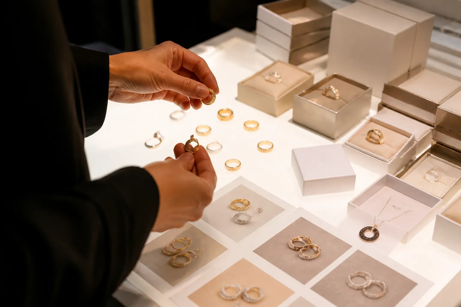 custom jewelry - Editorial photo of a procurement buyer reviewing a jewelry sample set on a light table — custom OEM samples in branded packaging alongside stock catalog pieces — representing the comparison stage in a sourcing decision