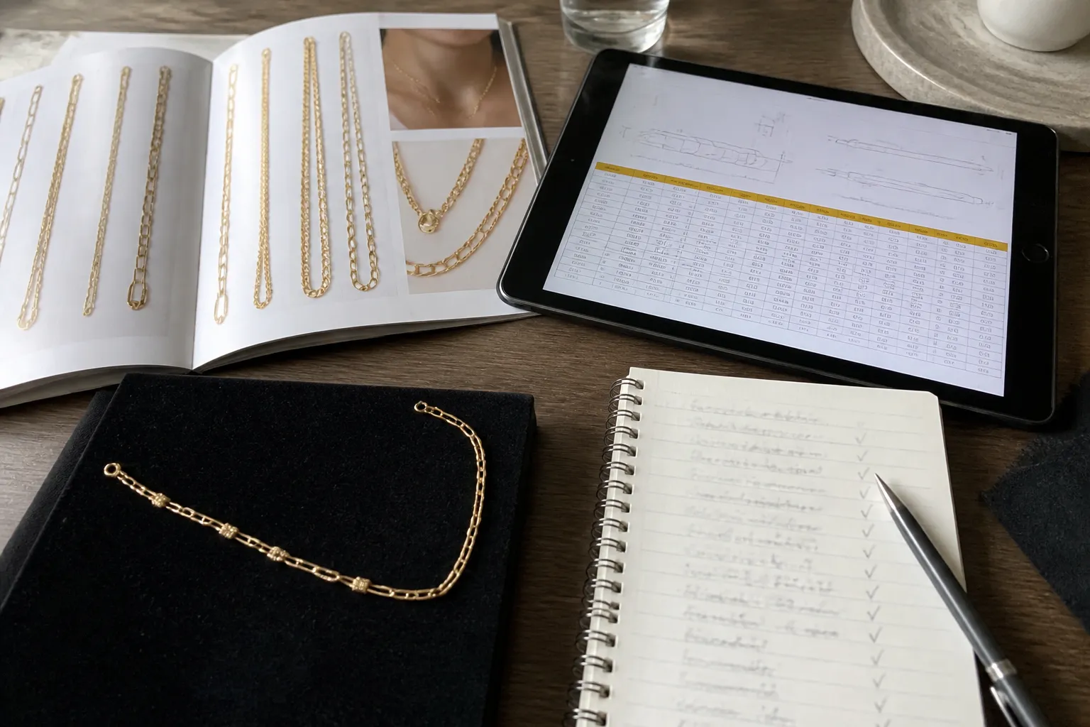 cadenas de oro para mujer - Fotografía de mesa de trabajo con catálogo físico de cadenas de oro para mujer abierto, tablet mostrando una hoja de cotización con especificaciones técnicas, una muestra de cadena dorada sobre tela negra y una libreta con checklist de evaluación de proveedor