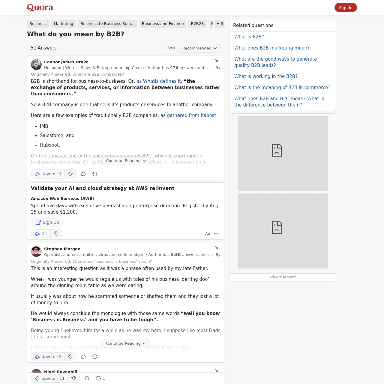 Quora Q&A page on B2B meaning