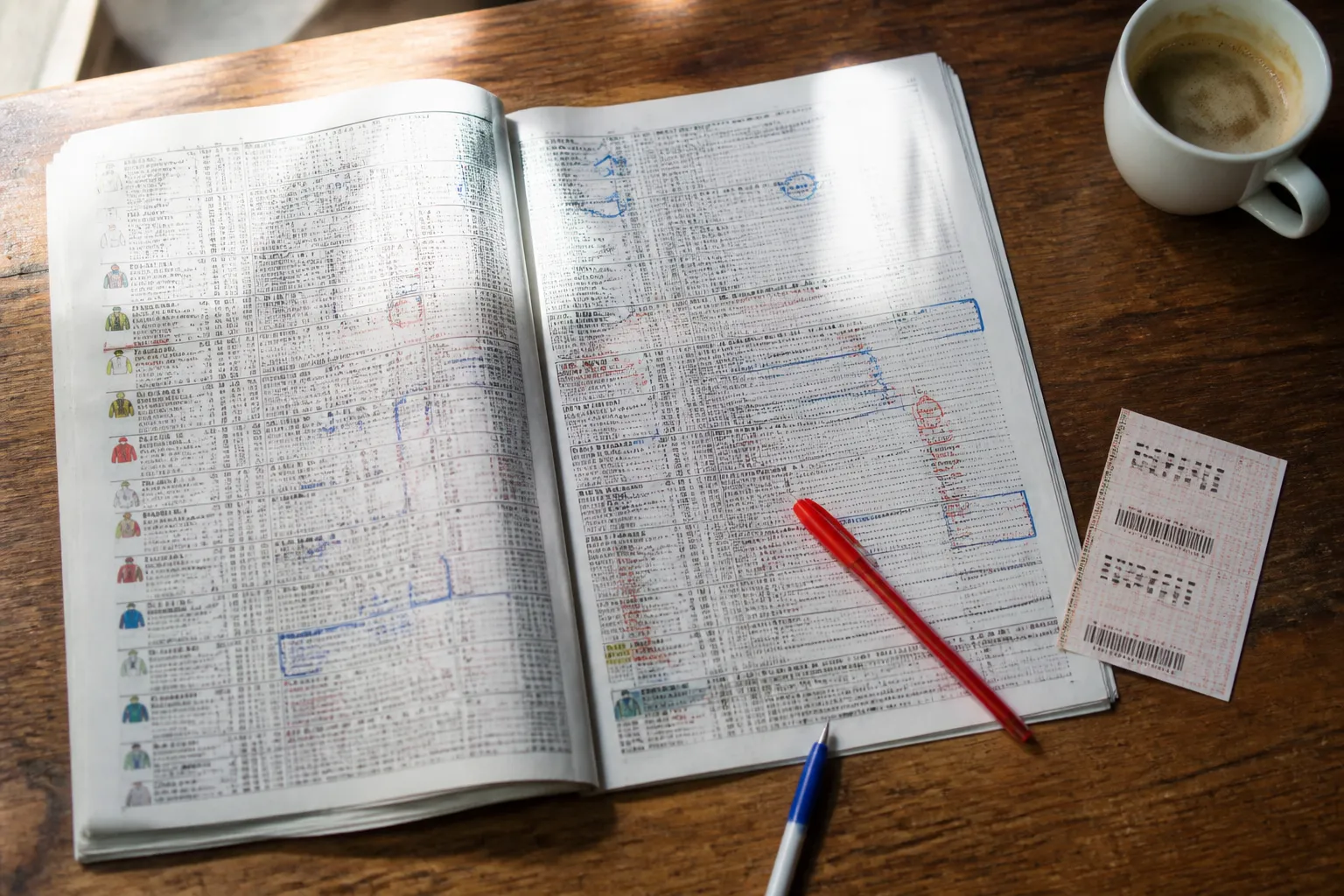 base quinté en or - Editorial top-down photo of a horse racing form guide open on a desk, red and blue pen annotations visible, a printed PMU ticket beside it, a cup of coffee in the corner, natural window light, authentic working atmosphere, documentary style