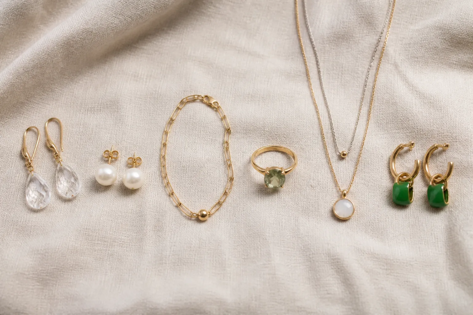 schmuckmarken - Redaktionelles Flatlay – Auswahl an Schmuckstücken verschiedener Schmuckmarken nebeneinander, von Kristallschmuck bis zu Perlenohrringen, auf neutralem Hintergrund zur direkten Stilvergleich