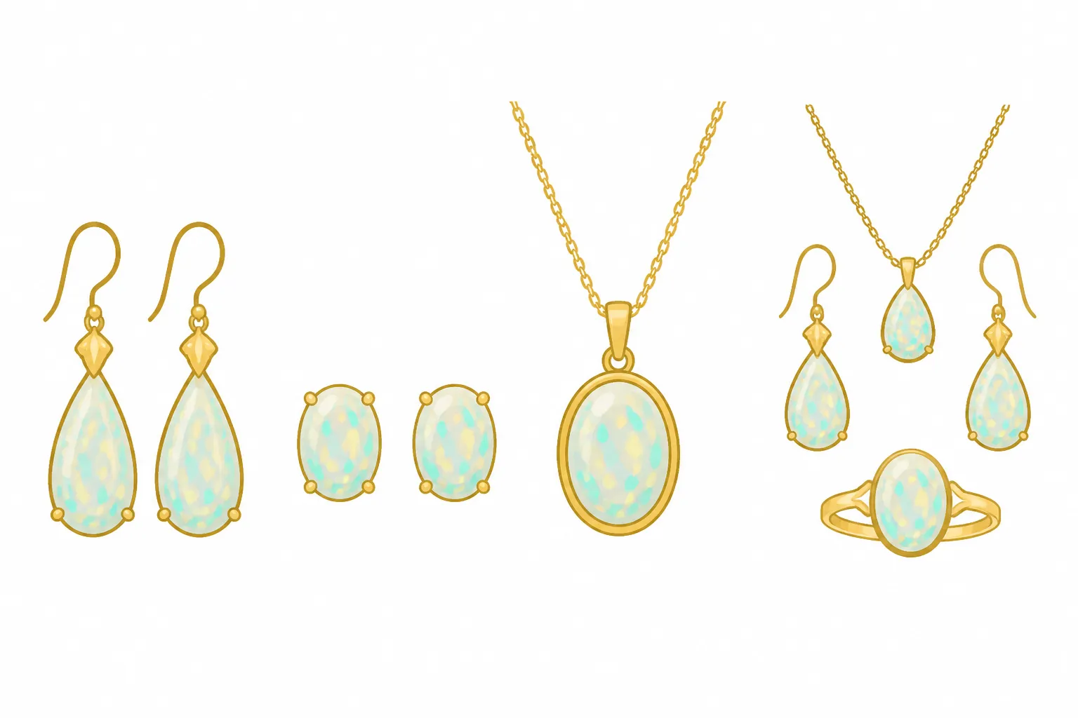 opale bijoux - Clean flat-design infographic showing four opal jewelry silhouettes side by side — drop earring, stud earring, pendant necklace, coordinated set — with labels in French, distinct color zones (gold, teal, ivory), minimalist icons on white background