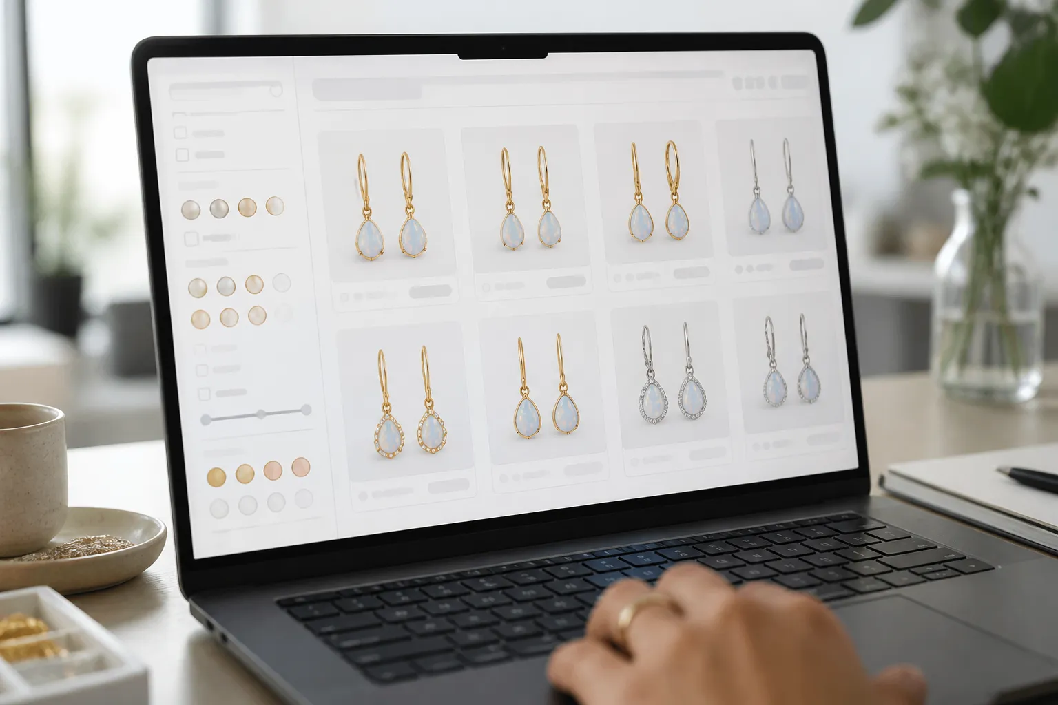 opale bijoux - Annotated product mockup showing a B2B jewelry order interface — a grid of opal drop earring styles with MOQ indicators, unit price columns, and a filter panel by material and plating type, viewed on a laptop screen in a clean office setting with soft natural light