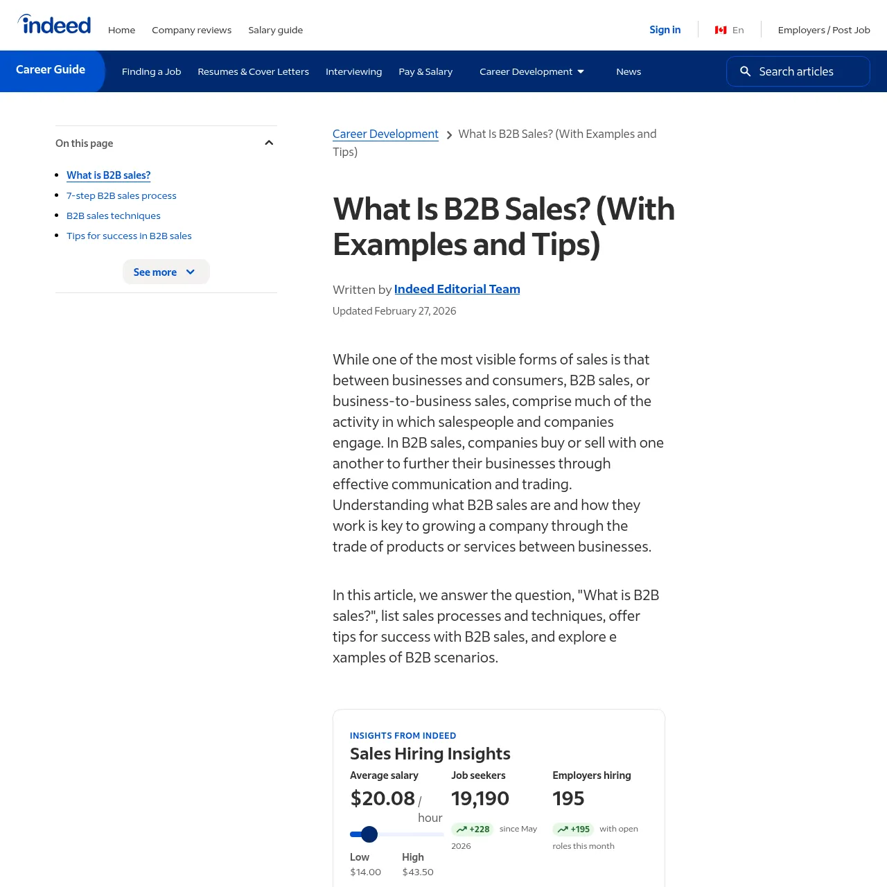 Indeed Career Guide — 'What Is B2B Sales?' interface