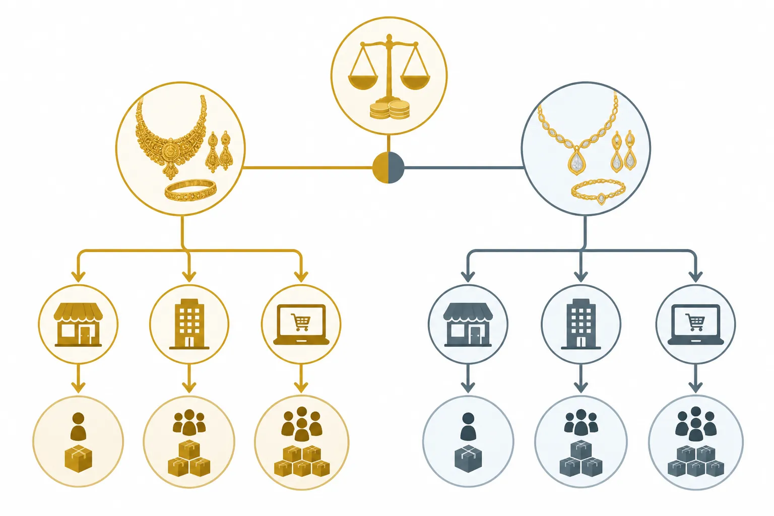اطقم ذهب - مخطط توضيحي يقارن مسار قرار المشتري B2B بين خيار اطقم الذهب الحقيقي وخيار المجوهرات المطلية، مع أبرز نقاط الانعطاف: الميزانية، الجمهور المستهدف، والحد الأدنى للطلب