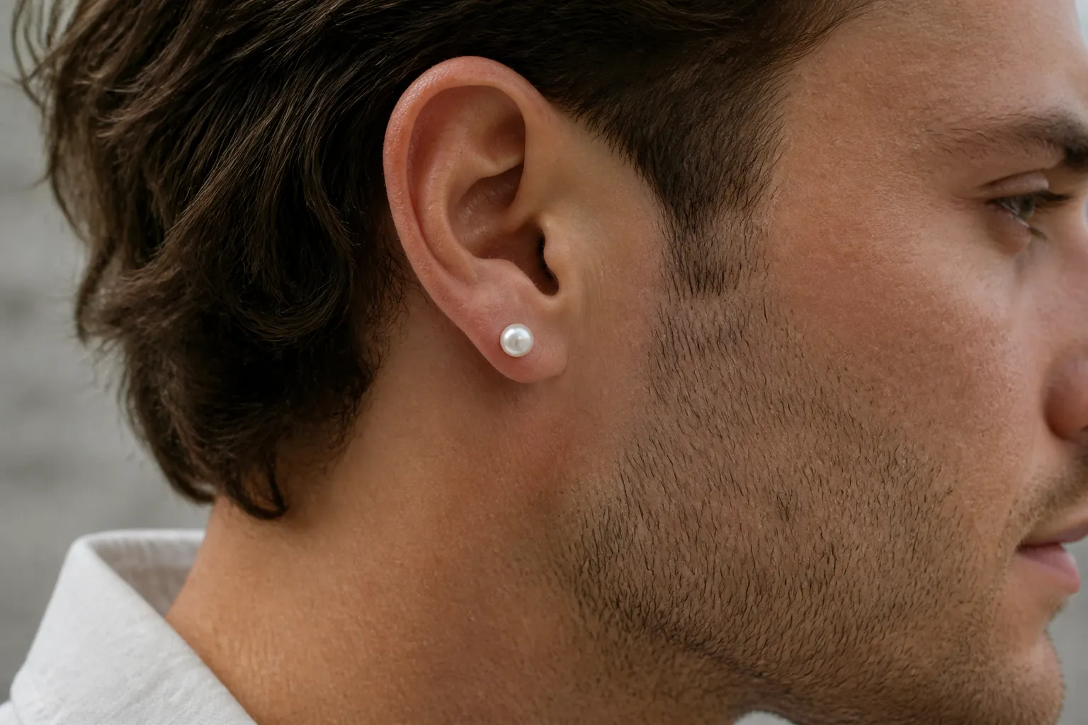 perla blanca - Foto editorial de pendientes stud de perla blanca de perfil sobre oreja masculina, mostrando el acabado en rodio y el tamaño de perla de 6-8mm en contexto de uso real