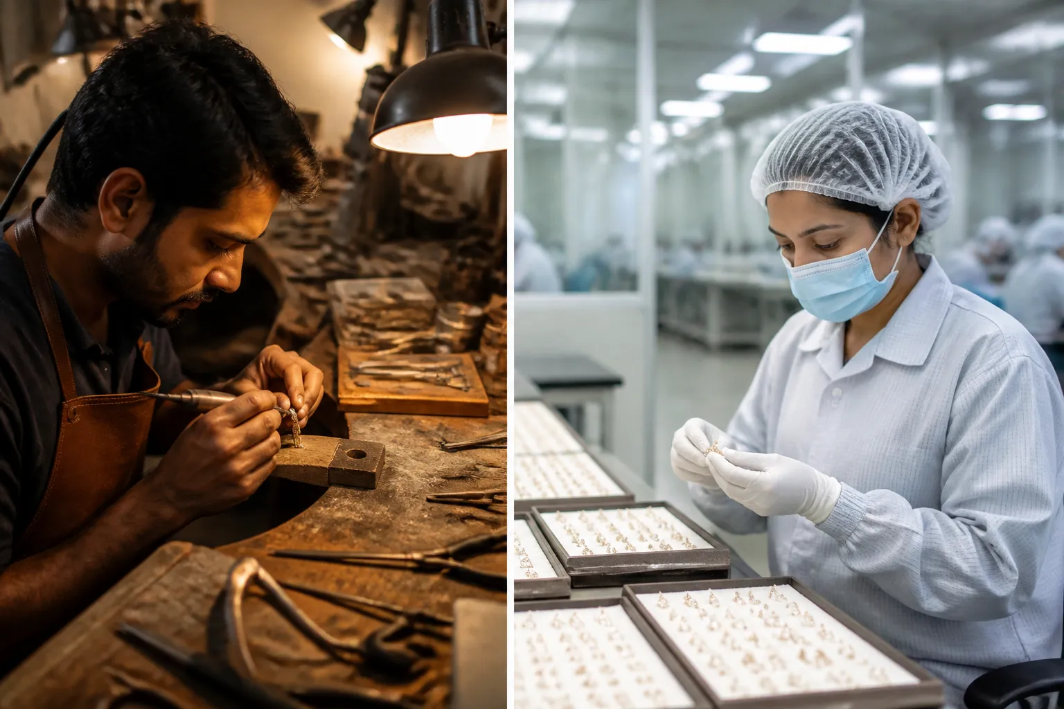 custom jewelry - Side-by-side comparison photo showing a bespoke custom jewelry workshop with a single artisan versus a modern OEM jewelry production facility with a QC inspection station and uniformly finished earring trays