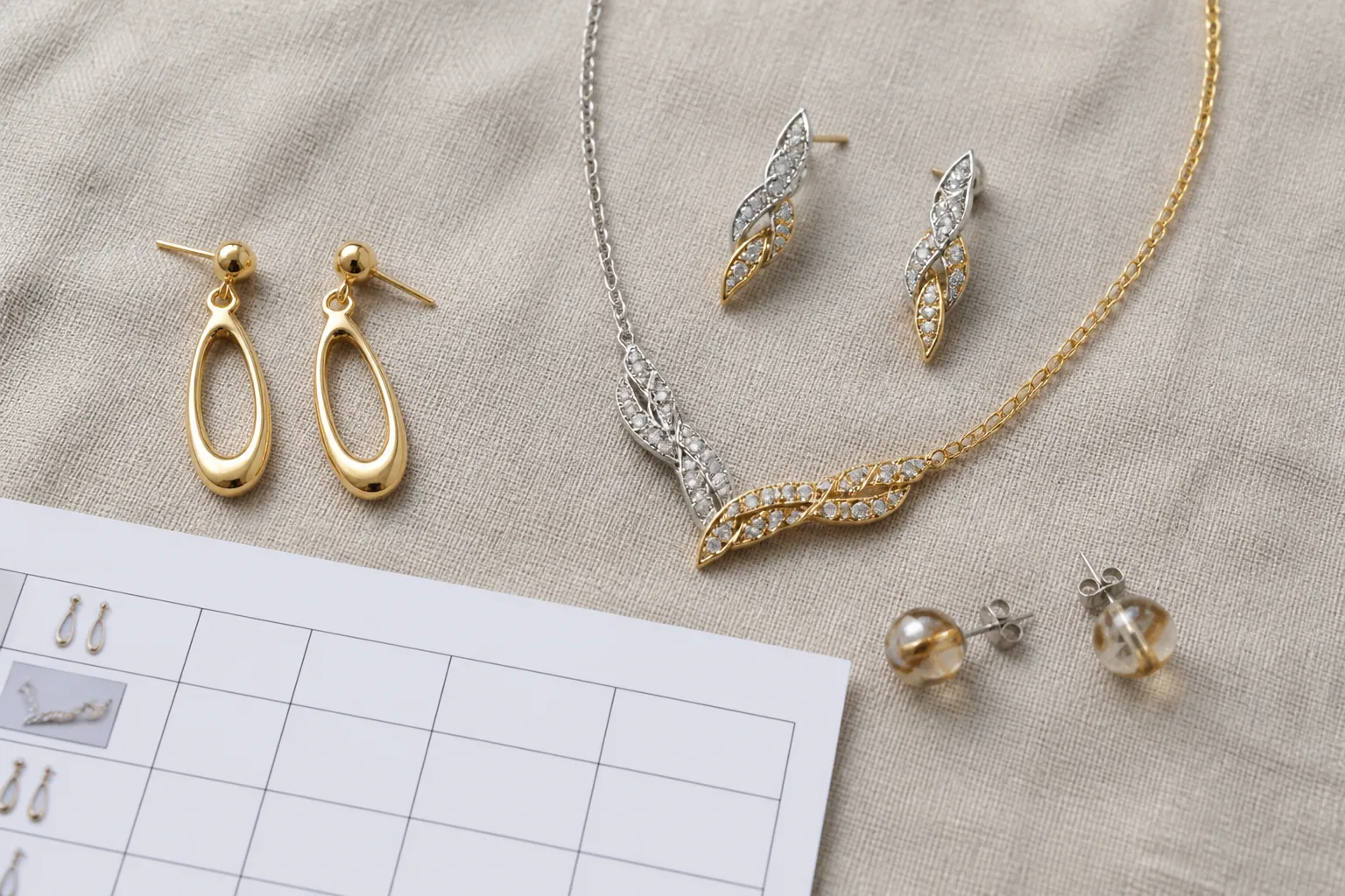 custom jewelry - Flat-lay editorial photo of gold-plated drop earrings, a two-tone rhinestone necklace-and-earring set, and glass bead studs arranged on a linen background, with a QC inspection checklist visible in the corner