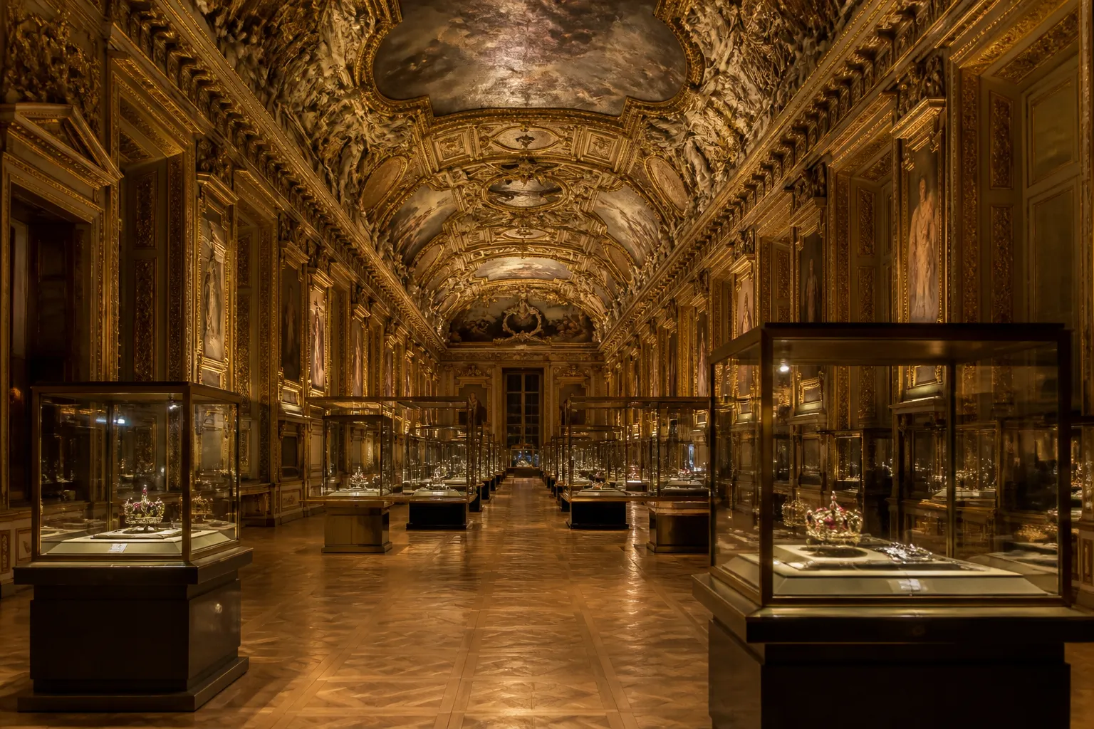 bijoux louvre retrouvé - Photorealistic documentary photograph of an ornate classical museum gallery — gilded ceiling with allegorical paintings, central glass display cases under warm amber museum lighting, polished parquet floor, empty hall with no visitors — emphasizing architectural grandeur and the vulnerability of unattended display cases at night