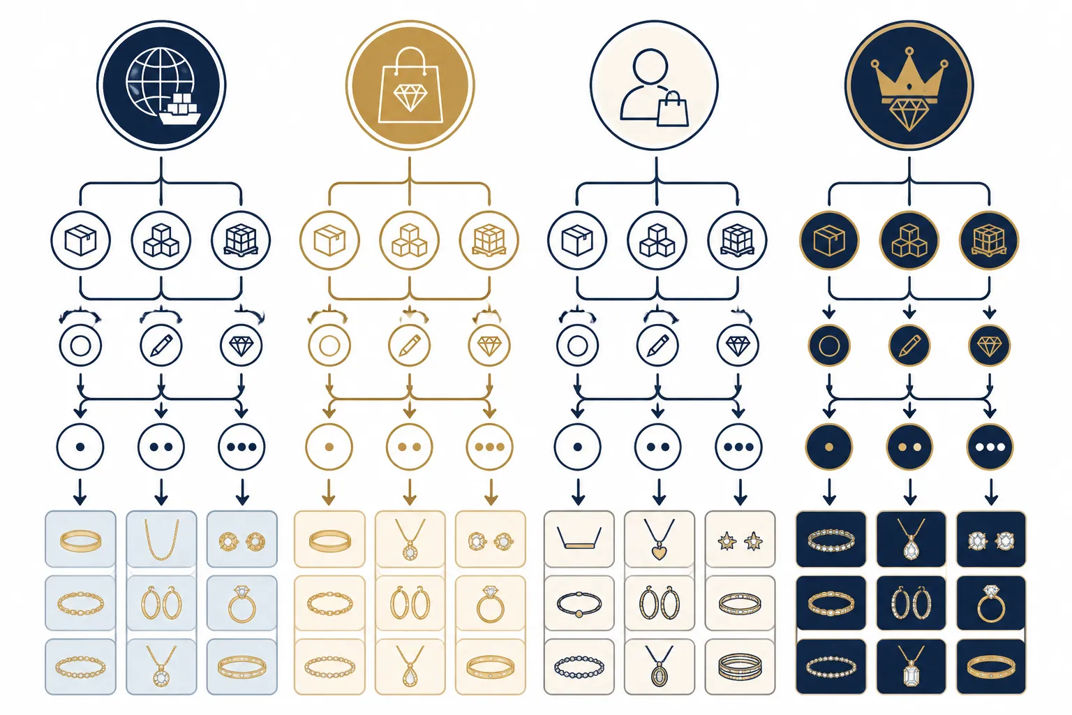 custom jewelry - Annotated decision flowchart mapping buyer types — importer, DTC brand owner, retail consumer, luxury buyer — to recommended alternatives based on MOQ requirements, customization depth, and budget tier