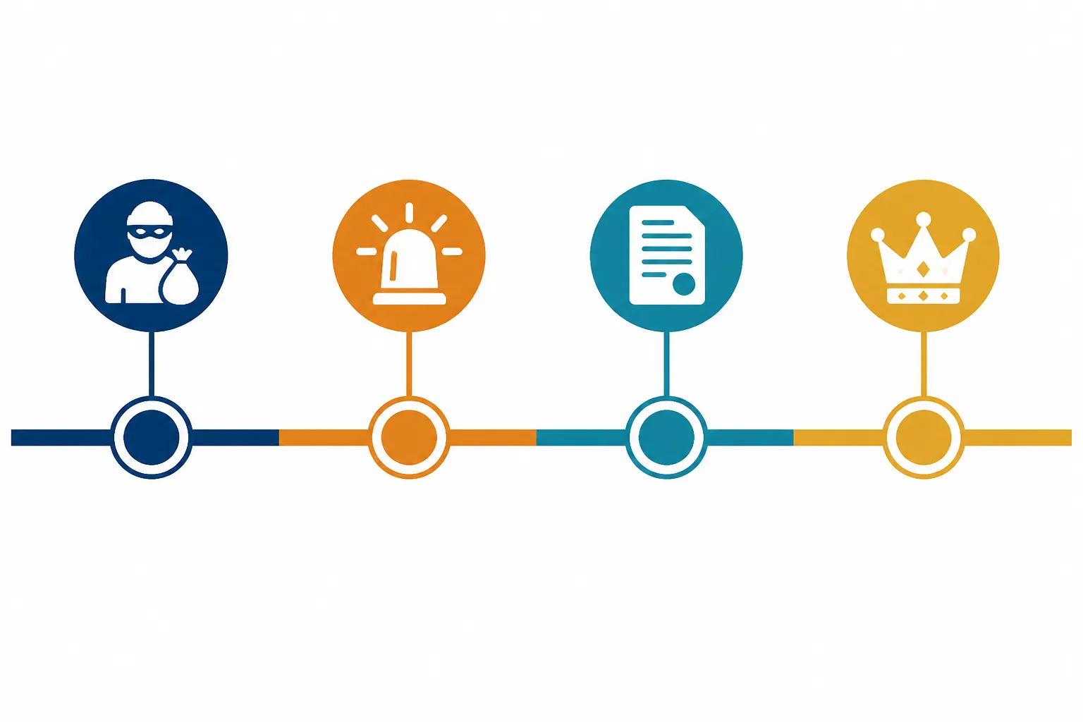bijoux louvre retrouvé - Flat-design informational timeline diagram — four key milestones on a horizontal axis with distinct color zones: 19 Oct 2025 (heist icon, deep blue), 22 Nov 2025 (disinformation alert icon, amber), 19 Jan 2026 (indictment icon, teal), 5 Feb 2026 (crown restoration icon, gold) — small descriptive label per milestone, white background, clean sans-serif typography, no decorative elements