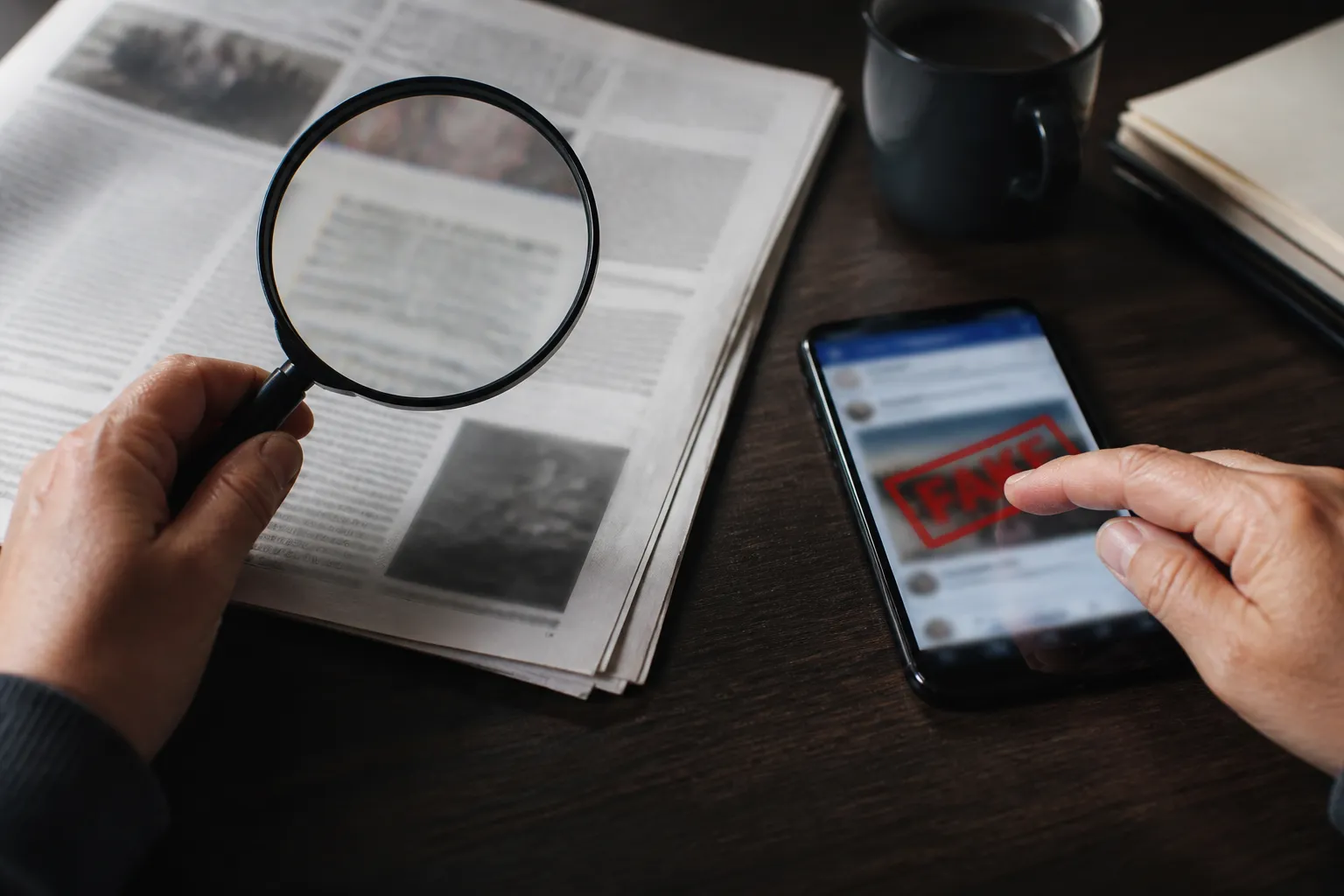 bijoux louvre retrouvé - Editorial conceptual photograph — two hands on a dark wood desk: one holds a magnifying glass over a printed news article with blurred French headlines, the other points at a smartphone screen showing a social media post with a red "FAUX" stamp overlay, soft natural side lighting from an unseen window, authentic journalism-at-work atmosphere, no decorative elements