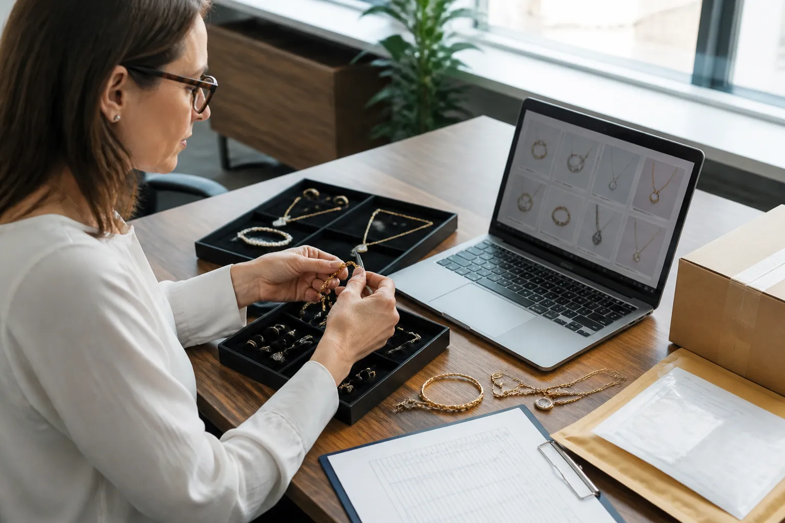 custom jewelry - Editorial photo of a procurement professional at a desk reviewing physical jewelry samples alongside a laptop showing a supplier catalog page, with shipping documents and a quality inspection checklist in the frame — representing the B2B sourcing evaluation process