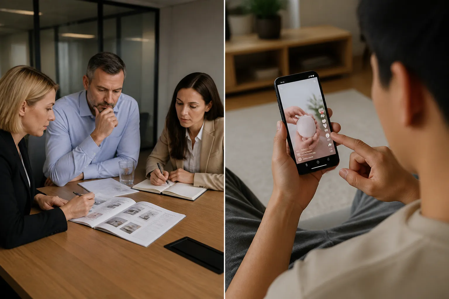 b2b vs b2c - Side-by-side photorealistic scene — left panel shows a B2B negotiation meeting with procurement team reviewing a product catalog; right panel shows a consumer on a mobile phone making an impulsive TikTok Shop purchase
