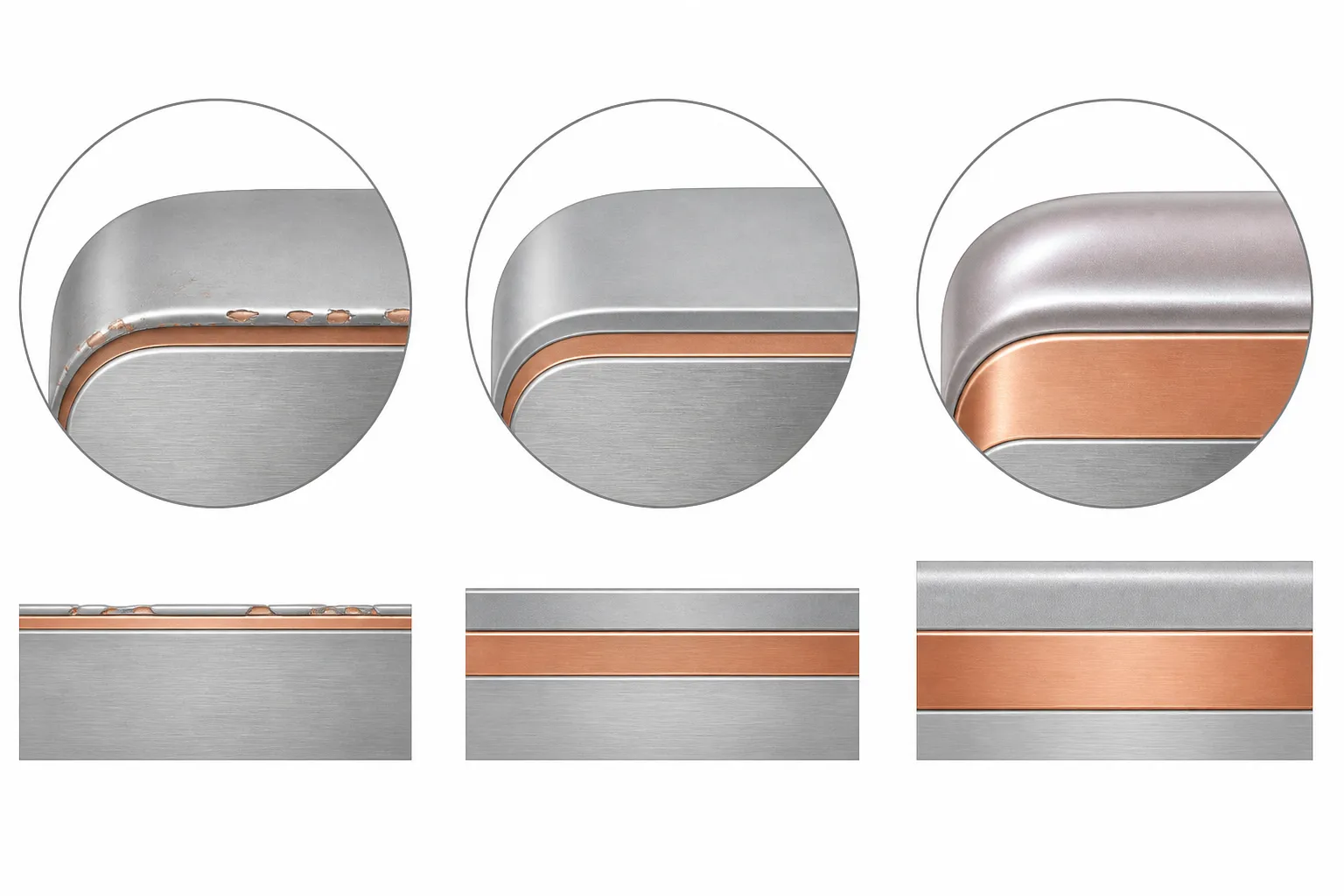 gris perla - Diagrama anotado comparando tres acabados en bisutería: baño de rodio fino (con manchas visibles), baño de rodio estándar (uniforme) y cobre chapado OEM de alta micronaje (lustre nacarado intenso), con etiquetas indicando grosor de baño y material base