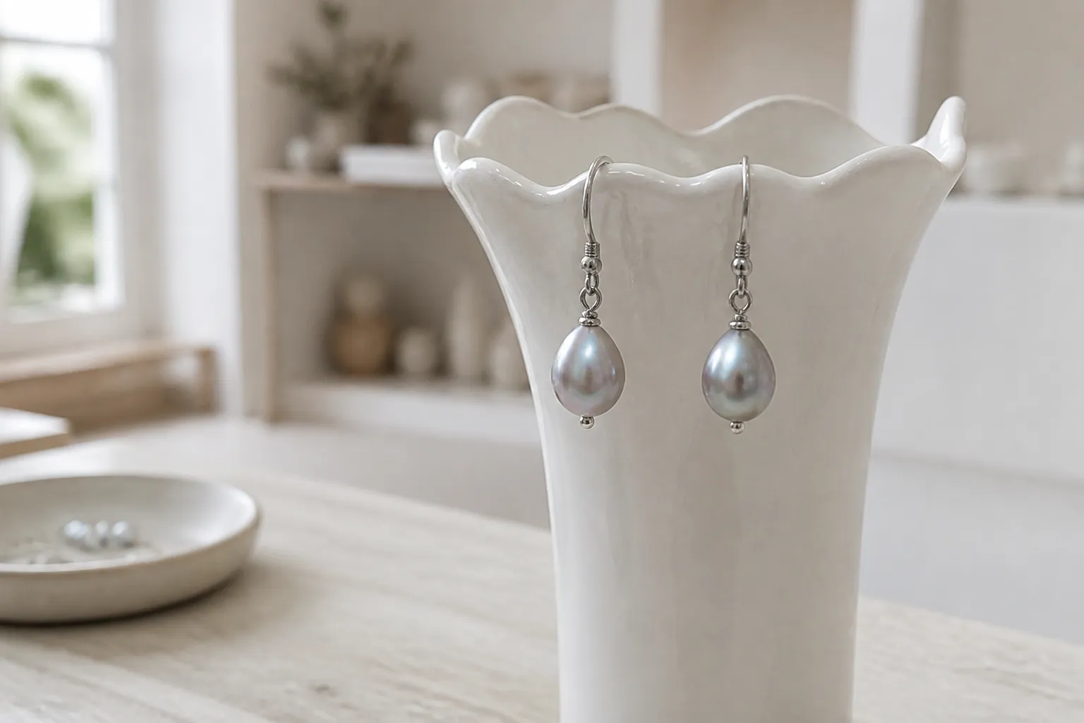 gris perla - Fotografía de producto con pendientes drop gris perla sobre soporte de joyería blanco, con el fondo desenfocado mostrando un espacio de tienda minimalista estilo nórdico — contexto de uso final para comprador DTC