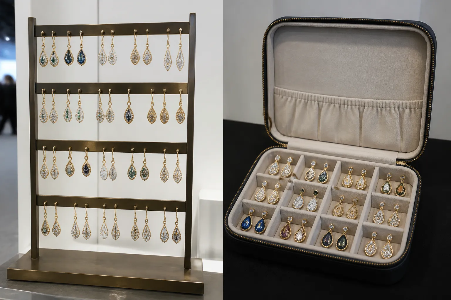 porte bijoux - Comparaison côte à côte — présentoir porte-bijoux avec boucles d'oreilles pendantes exposées à gauche, valise de transport compartimentée ouverte à droite, contexte foire professionnelle