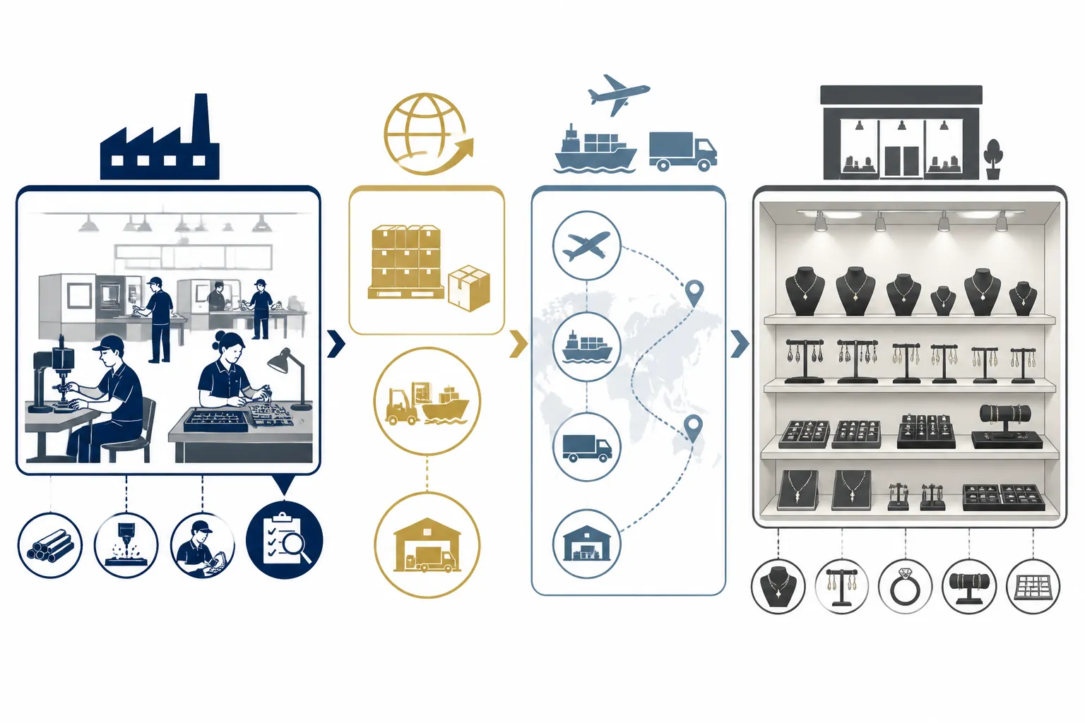 porte bijoux - Diagramme de flux B2B — de la commande OEM en Chine (QC en atelier, expédition FOB ou EXW) à la présentation finale en showroom avec porte-bijoux organisés par familles de produits