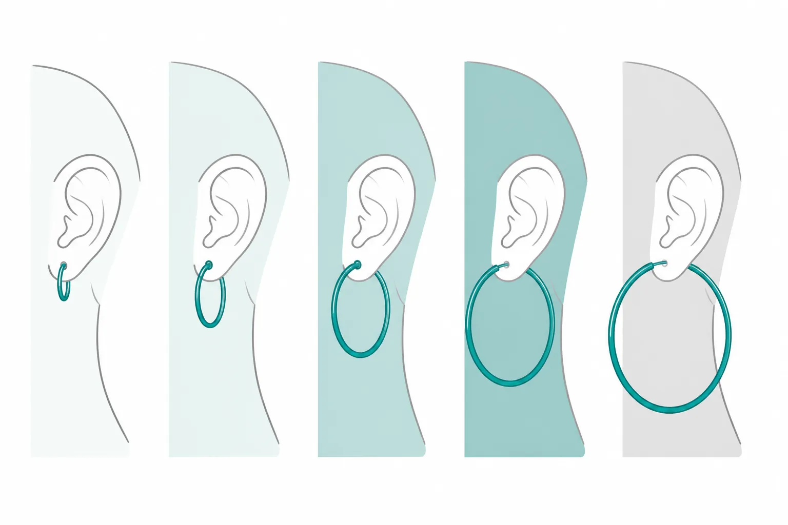 wholesale hoop earrings for jewelry making - Clean flat-design infographic diagram showing a hoop earring size comparison chart, with silhouette circles at 12mm, 16mm, 20mm, 30mm, and 50mm diameter drawn to scale against an ear profile outline, labeled size tiers in distinct teal and gray color zones, flat vector illustration style, white background, no photographic elements