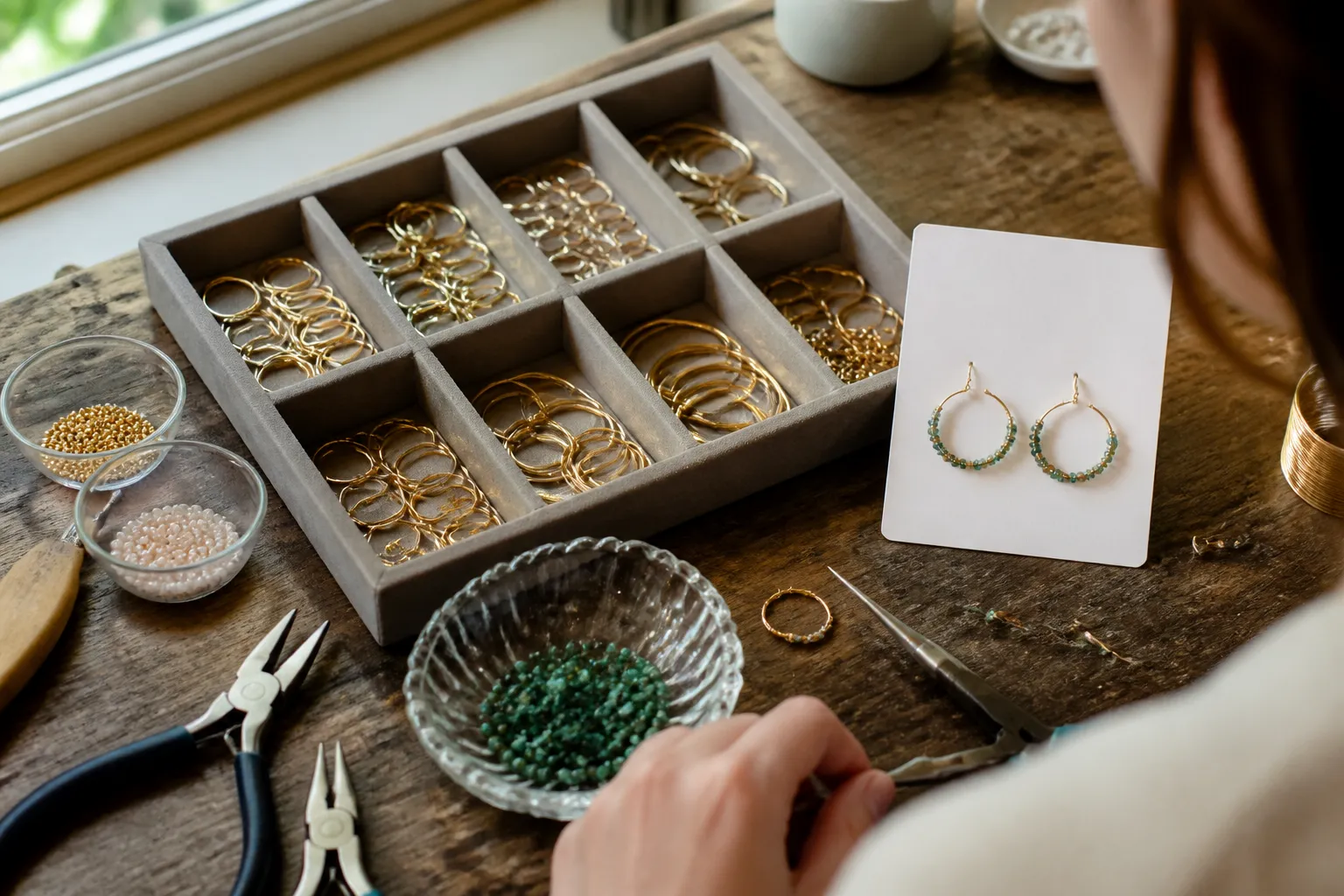 wholesale hoop earrings for jewelry making - Photorealistic over-the-shoulder shot of a jewelry maker's worktable — an open beading tray with assorted gold-filled hoop findings in multiple sizes, small glass dishes of seed beads, wire-wrapping tools, and a completed pair of beaded hoop earrings displayed on a white product card, warm natural window light from the left, candid documentary composition