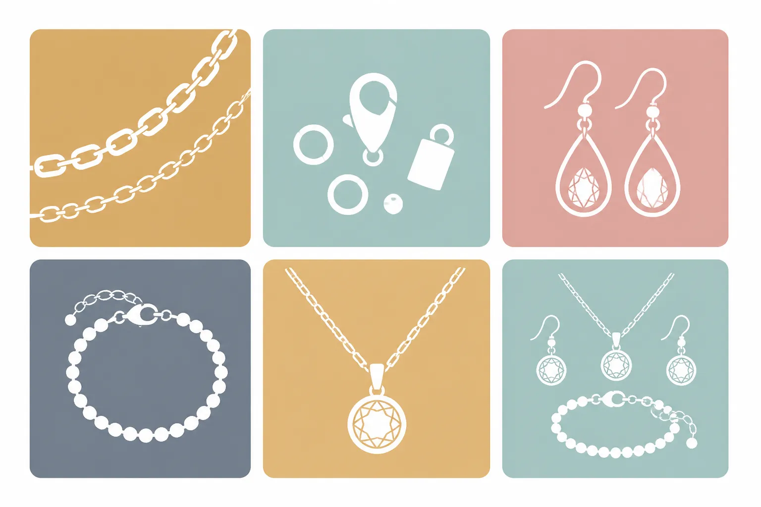 jewellery accessories wholesale - Clean flat-design infographic showing six wholesale jewellery accessory categories — chains, findings, earrings, bracelets, necklaces, and coordinated sets — arranged in a grid with distinct color-coded panels (warm gold, soft teal, dusty rose, slate gray), a simple icon per category, and brief descriptor text below each, white background, no decorative borders