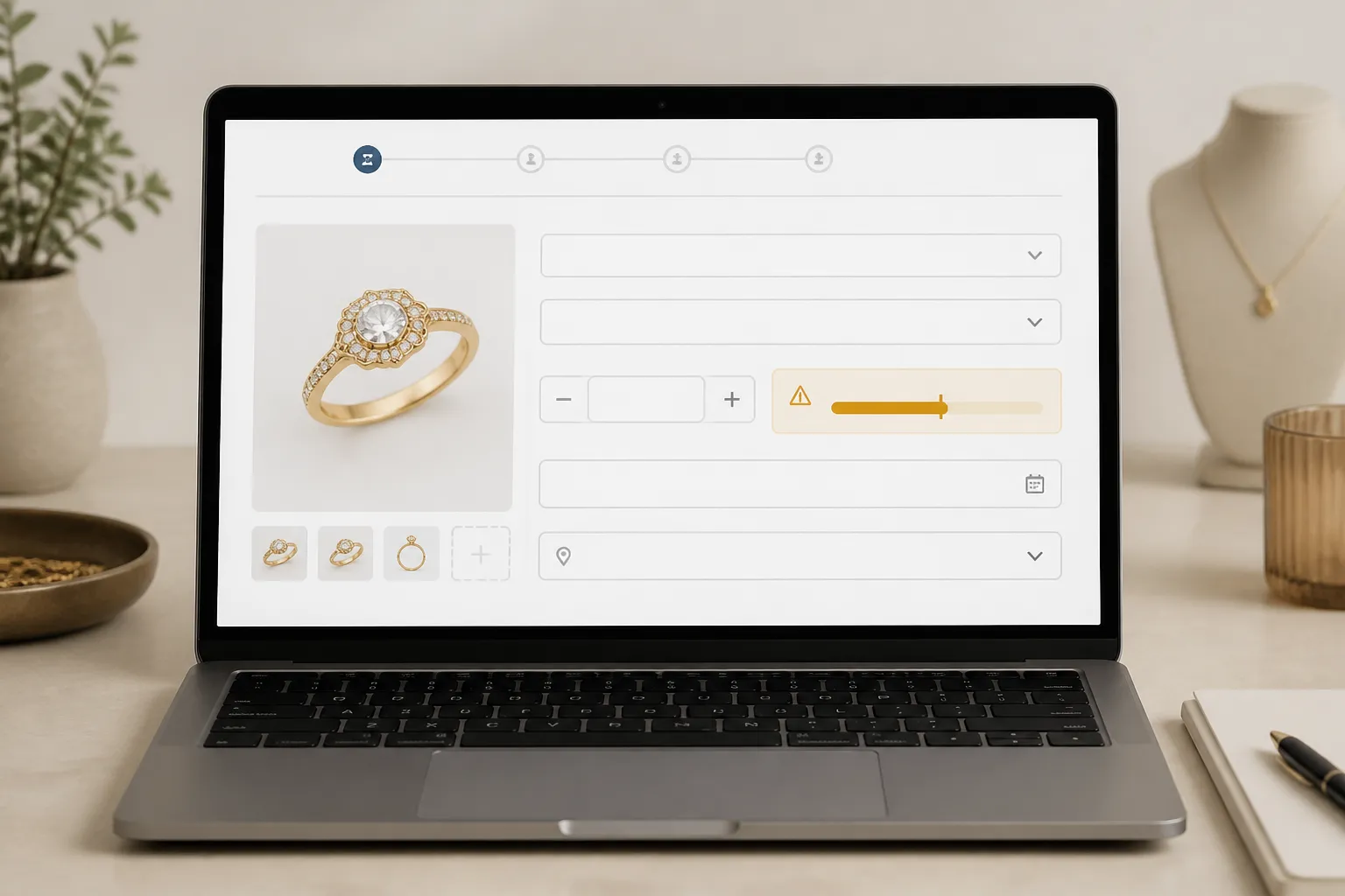 jewellery accessories wholesale - Annotated UI mockup of a professional wholesale jewellery order form on a laptop screen, showing fields for SKU, material, quantity, MOQ threshold indicator highlighted in amber, lead time selector, and shipping destination dropdown, soft neutral desk surface visible in lower frame, realistic interface with no decorative elements