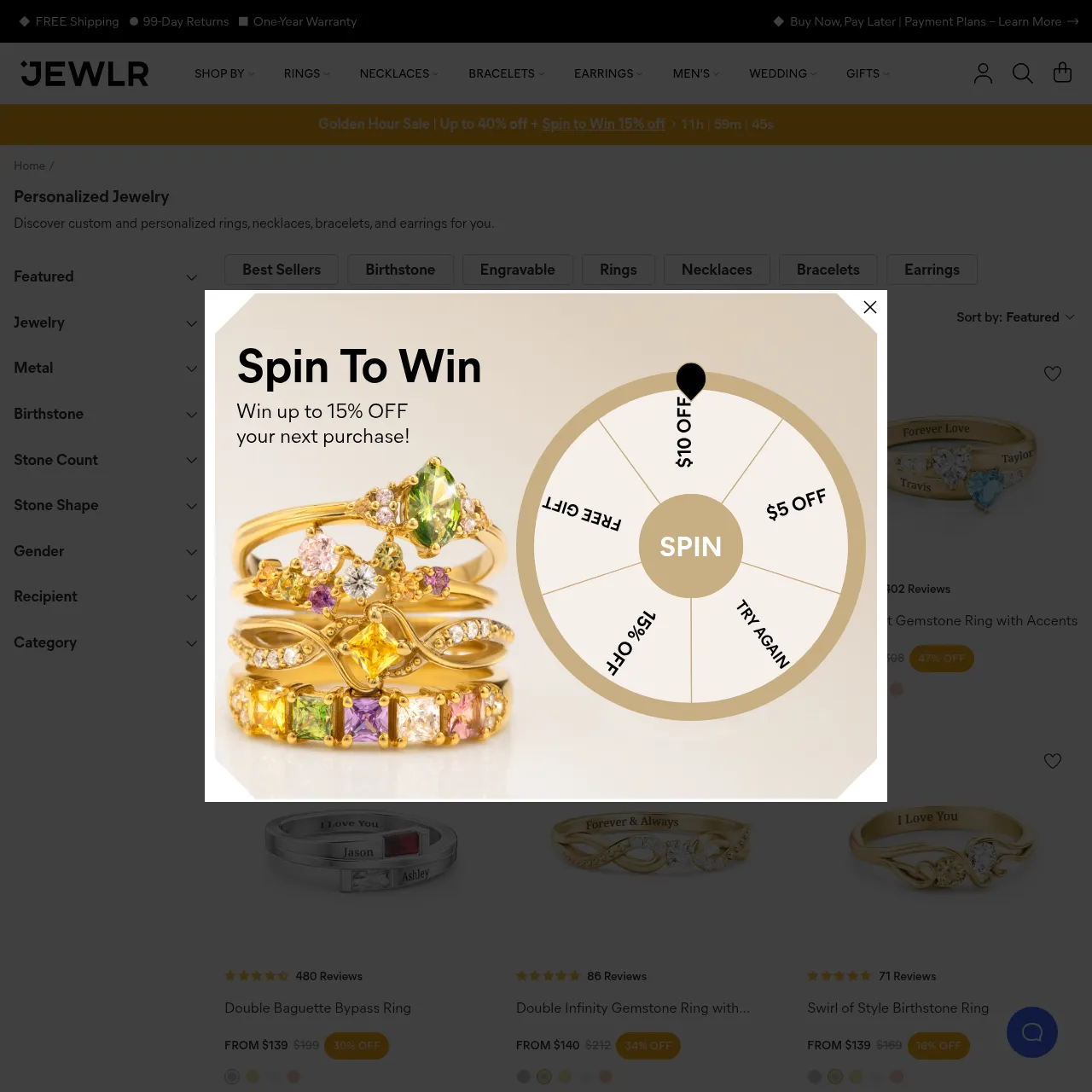 Jewlr personalized jewelry DTC interface with stone and metal selectors