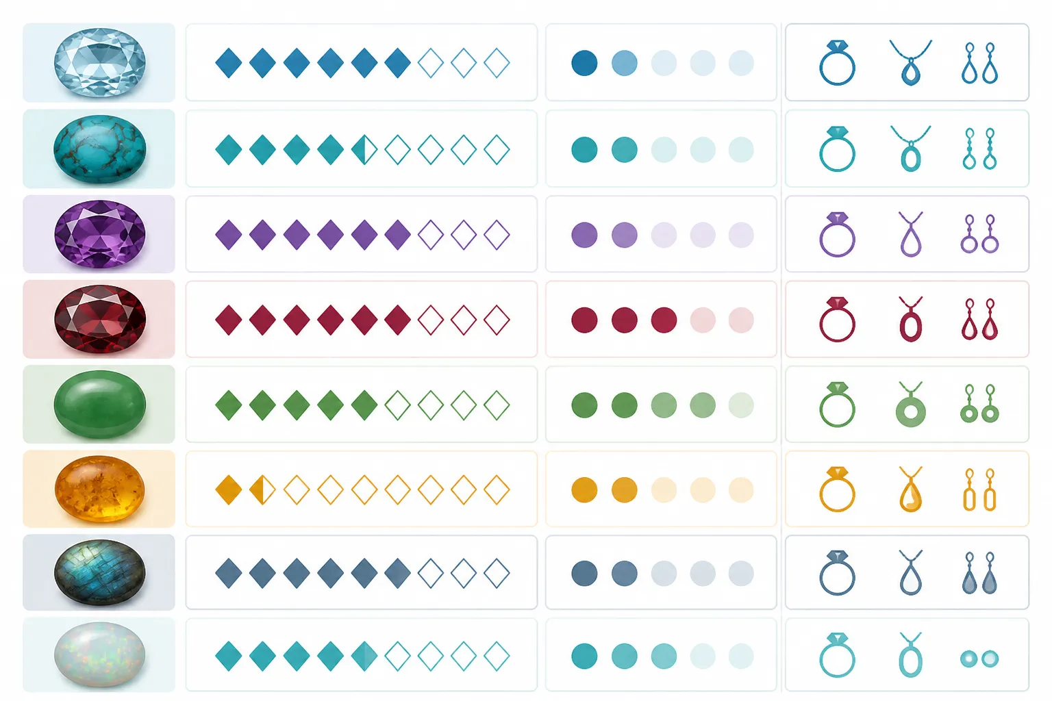 piedra aguamarina - Diagrama comparativo tipo tabla con iconos de las principales piedras para joyería B2B — aguamarina, turquesa, amatista, granate, jade, ámbar, labradorita y ópalo — con columnas de dureza Mohs, rango de precio y aplicaciones de joyería más frecuentes