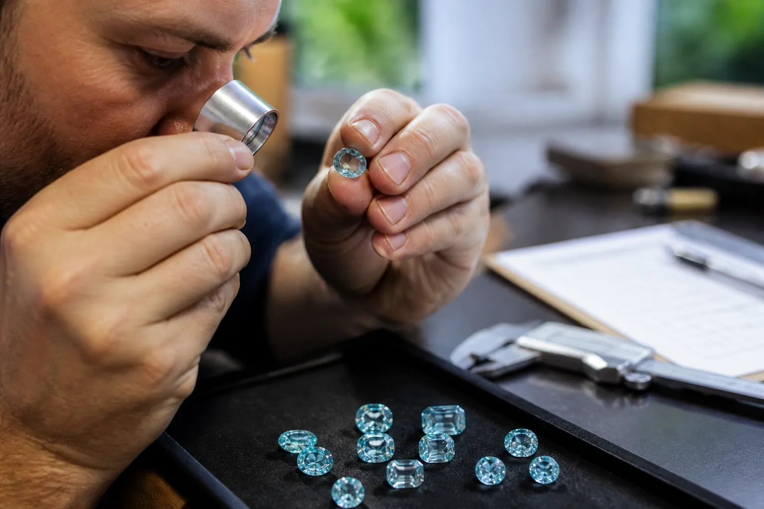 piedra aguamarina - Fotografía de proceso de inspección de calidad en taller de joyería — técnico usando lupa gemológica para revisar piedras de aguamarina natural sobre mesa de trabajo con iluminación daylight, con calibrador y formulario de QC visibles al fondo
