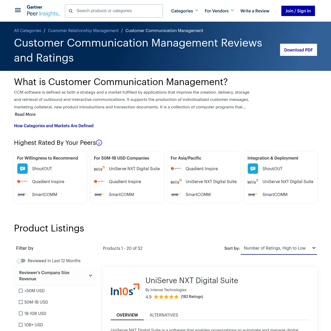 Gartner Peer Insights – Customer Communications Management (CCM) Software interface