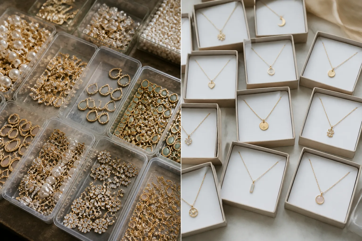 custom jewelry - Side-by-side flat-lay showing bulk OEM gold-plated drop earrings and rhinestone sets from a Chinese workshop alongside individually packaged retail personalized necklaces — illustrating the output scale difference between factory-direct and consumer personalization routes