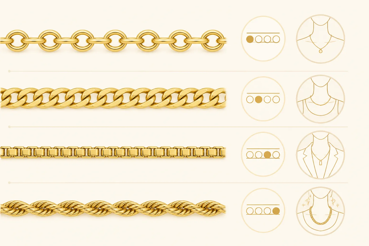 cadena oro mujer - Diagrama comparativo de cuatro tipos de cadena de oro para mujer — rolo, barbada, veneciana y cordón — con indicación del grosor mínimo recomendado y el uso ideal de cada una (collar suelto, soporte de colgante, uso diario, ocasión especial)