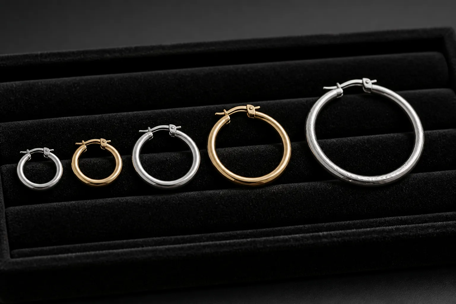 creolen silber - Produktaufnahme rhodinierter und vergoldeter Creolen aus einem OEM-Musterkatalog – verschiedene Durchmesser und Finishes nebeneinander auf Schmuckdisplay, zur Veranschaulichung der Materialunterschiede