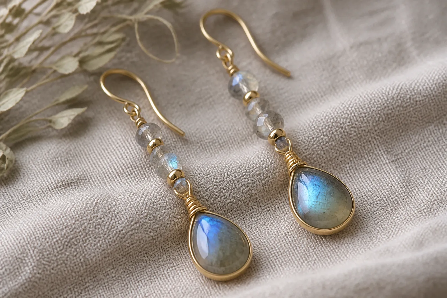 custom jewelry - Close-up editorial photo of gold-plated copper drop earrings with gradient crystal and natural stone accents arranged on a neutral surface — representing a low-MOQ OEM sample from a Chinese fashion jewelry supplier