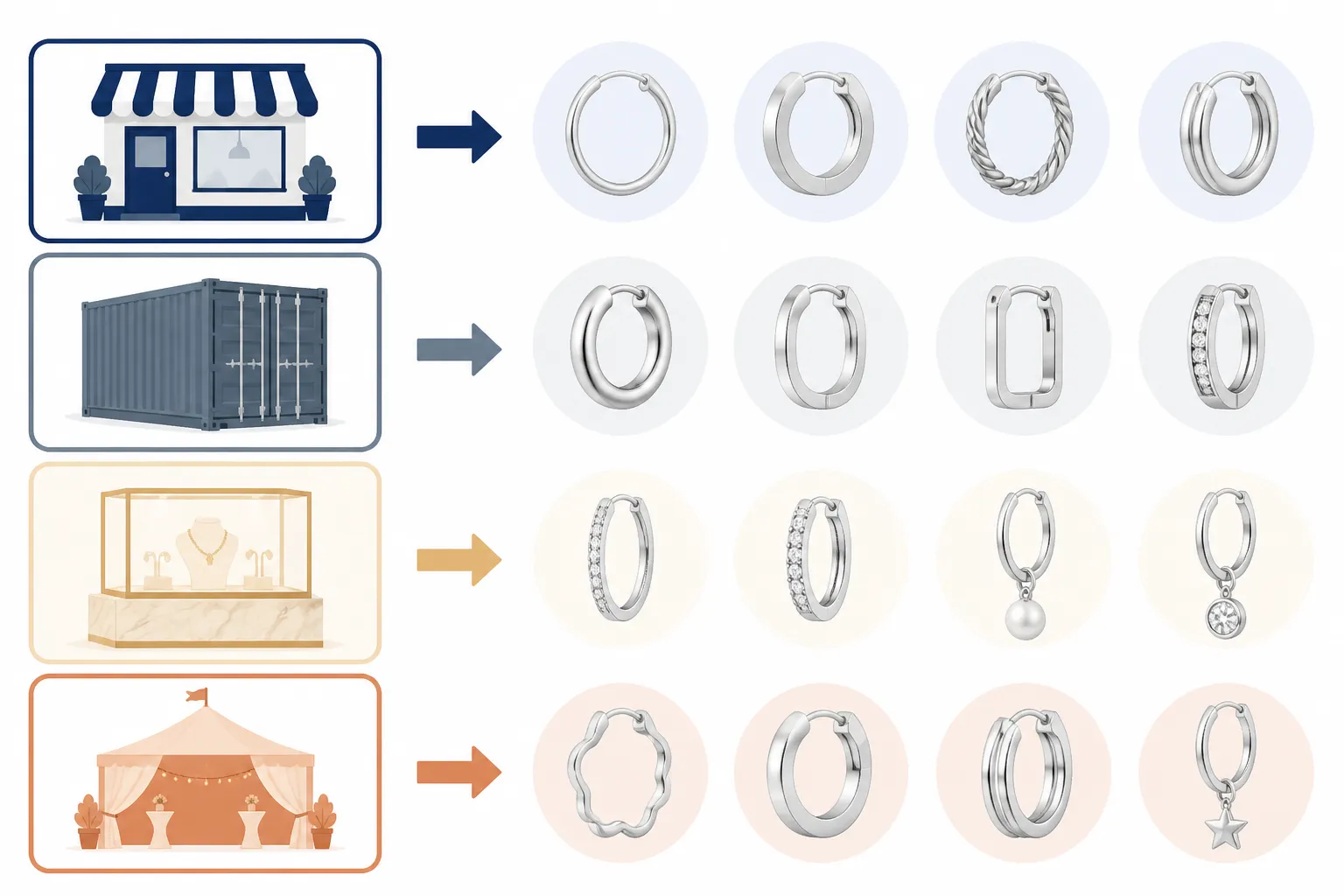 creolen silber - Infografik "Welche Creolen-Alternative passt zu welchem Käuferprofil?" – vier Käuferprofile (DTC-Shop, Importeur, Premiumhändler, Event-Segment) mit Pfeilen zu empfohlenen Alternativen und Schlüsselkriterien auf Deutsch