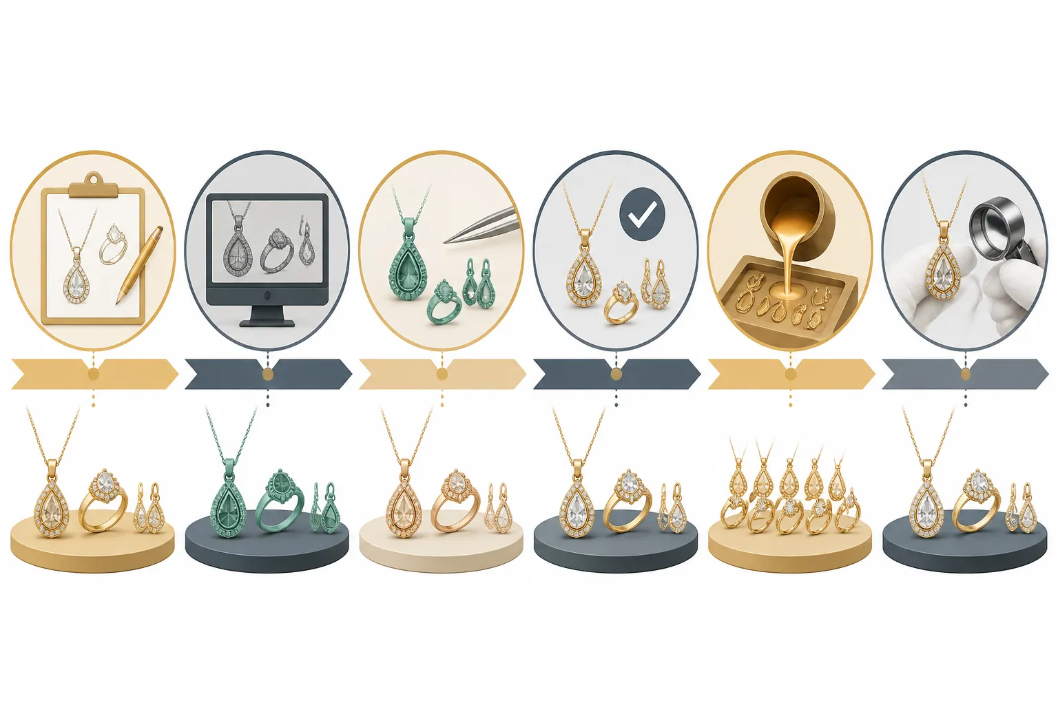 custom jewelry - Workflow diagram showing the custom OEM jewelry production process — from design brief and CAD submission, through sample revision rounds and approval, to bulk production and pre-shipment QC inspection