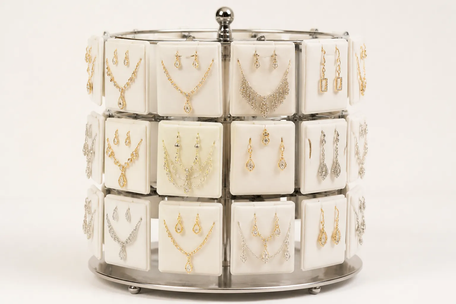 bijoux fantaisie de qualité - Photographie de présentation d'un assortiment de sets boucles d'oreilles et colliers en finitions plaqué or et rhodium disposés sur un présentoir tournant de type manège bijoutier professionnel, illustrant la diversité de styles d'un catalogue fournisseur structuré