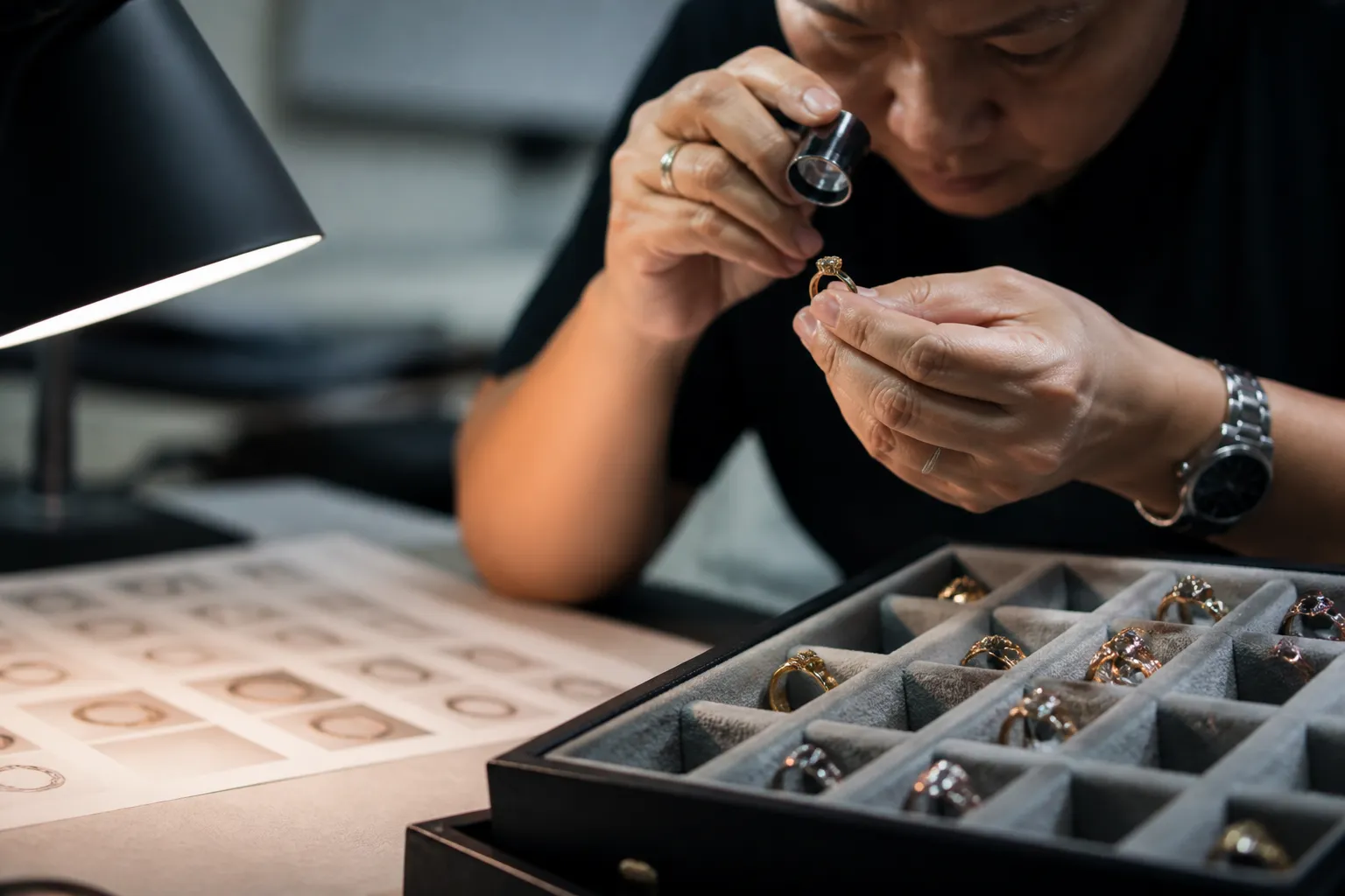 custom jewelry - Editorial photo of a procurement professional examining a jewelry sample kit at a desk — using a loupe to assess plating finish and stone settings, with a printed quality inspection checklist beside them