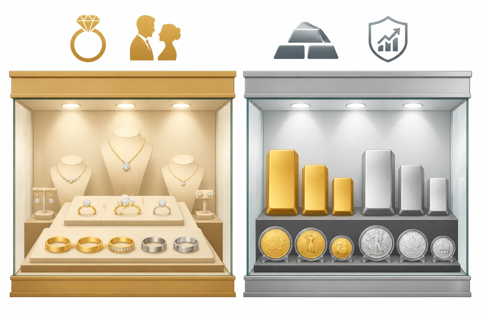 gold und silber shop - Annotiertes Vergleichsbild zwischen stationärem Schmuckladen (Schaufenster mit Ringen und Eheringen) und einem Online-Edelmetallhändler – illustriert den Unterschied zwischen Endverbraucher-Schmuck und Anlageform