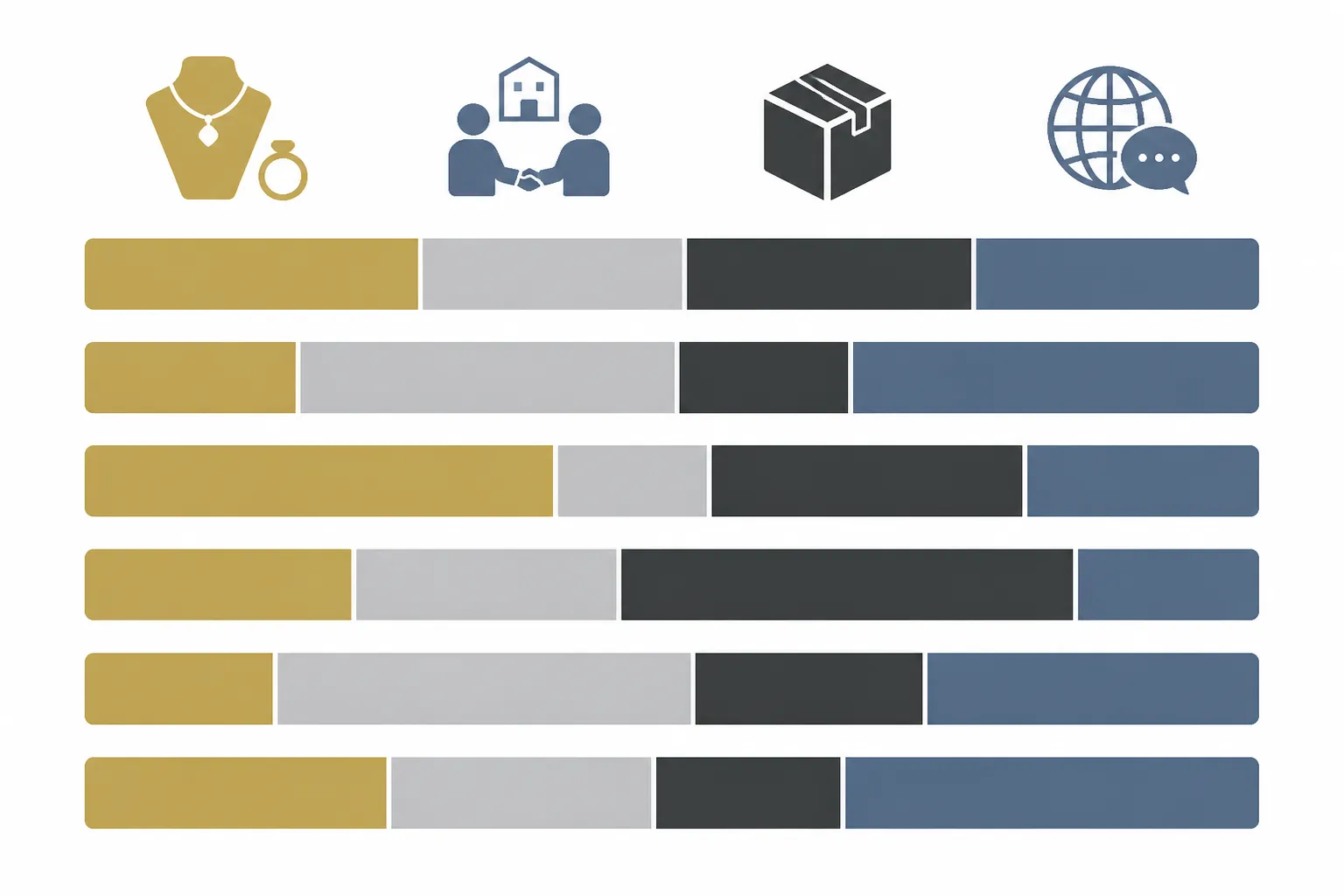 gold und silber shop - Infografik mit horizontalem Balkendiagramm, das die sechs verglichenen Anbieter nach den Dimensionen Sortimentstiefe, B2B-Eignung, Mindestbestellmenge und Servicesprachvielfalt bewertet