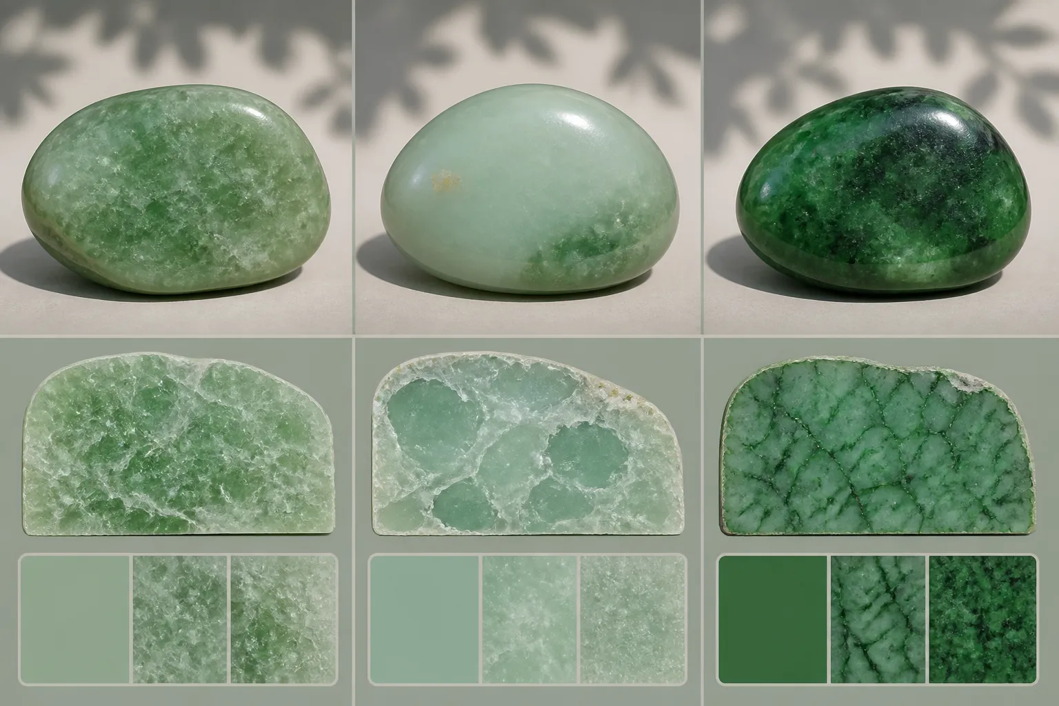 jade piedra - Diagrama comparativo que muestra las diferencias visuales entre jade grado A (natural), grado B (tratado con resina) y grado C (teñido), con muestras de color bajo luz natural y anotaciones técnicas