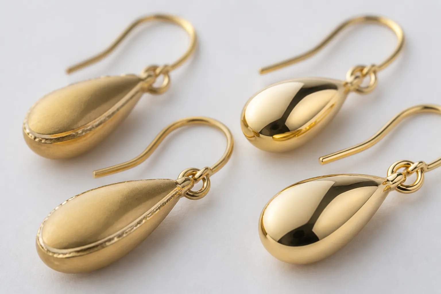 custom jewelry - Side-by-side photo comparison showing finish quality details of gold-plated copper drop earrings from a stock catalog versus a fully bespoke prototype
