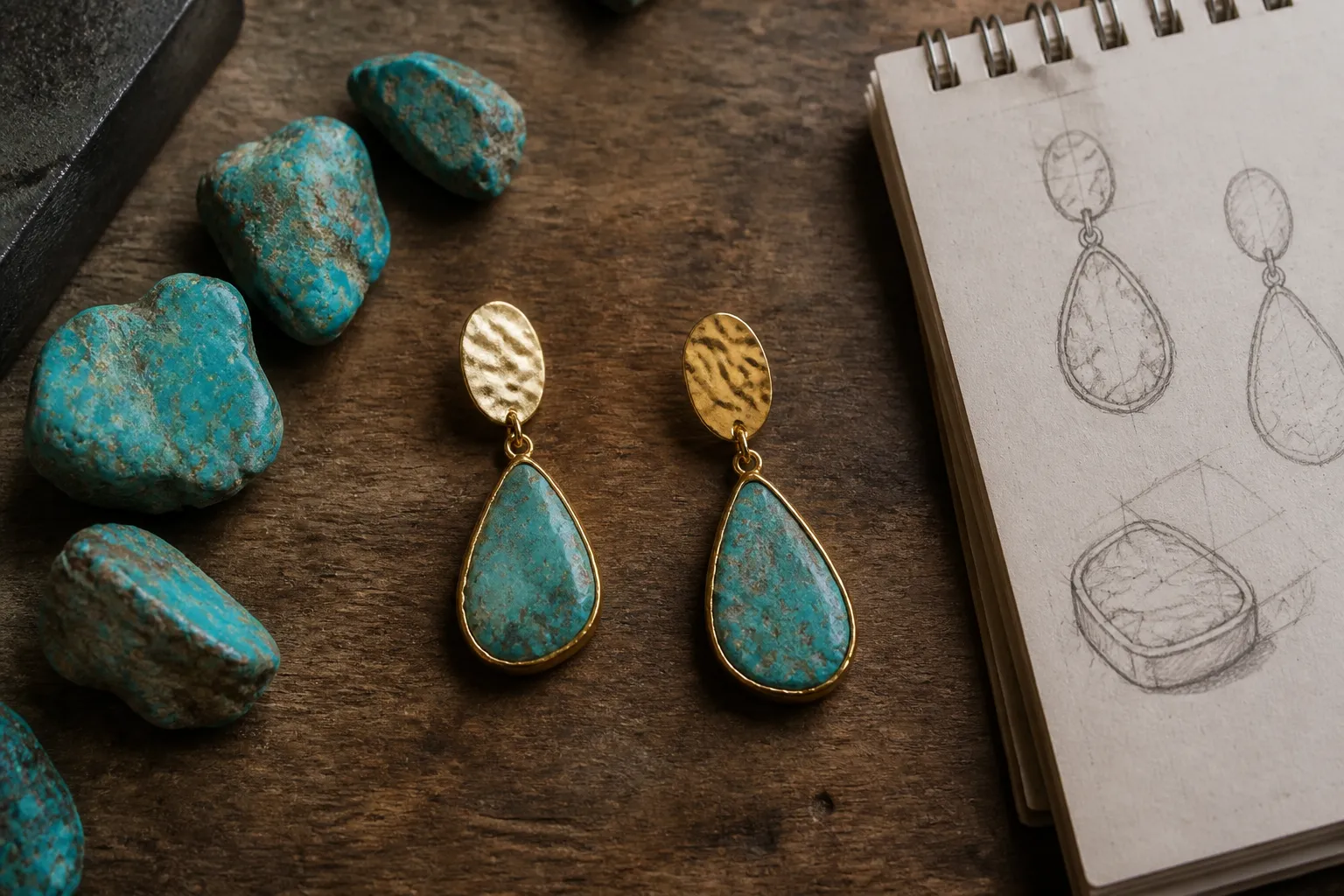 piedra turquesa - Editorial conceptual flat lay of jewelry design workspace showing raw turquoise rough stones beside finished gold-plated copper drop earrings and glass beads, sketchpad with hand-drawn earring designs, warm directional lighting emphasizing material textures and craftsmanship process