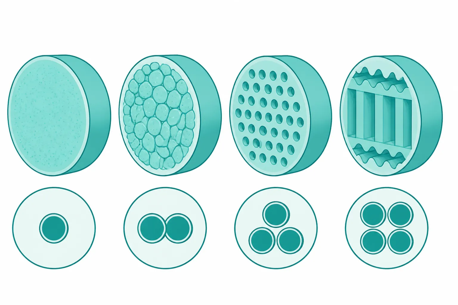 piedra turquesa - Informational diagram comparing four types of turquoise materials used in wholesale jewelry: Natural, Stabilized, Reconstituted, and Synthetic Imitation, each shown as a cross-section with distinct internal structure patterns and labeled price tier indicators, clean white background with teal accent colors