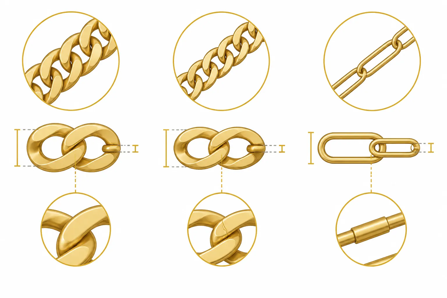 chain fashion belt - Clean flat-design infographic comparing three chain link types (Cuban, Curb, and Paperclip) with annotations showing link thickness, solder points, and recommended garment pairings for each style, white background with gold accent lines
